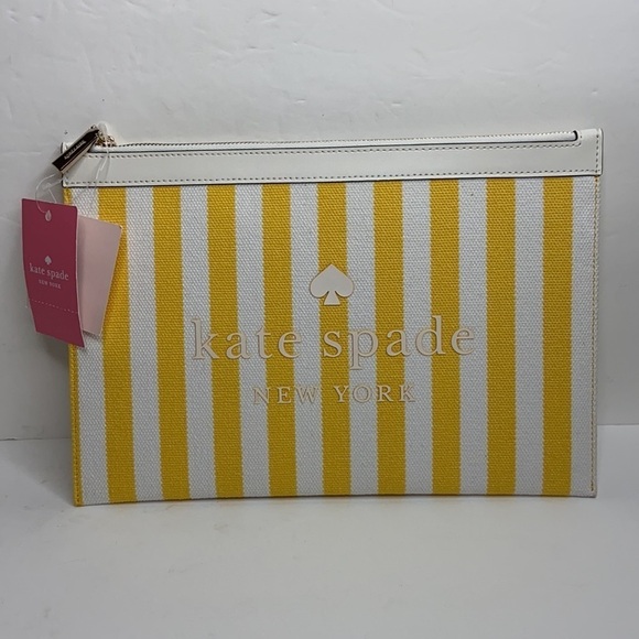 Kate Spade Women’s Yellow Striped Stone Canvas Large Zip Clutch NWT - Picture 3 of 11
